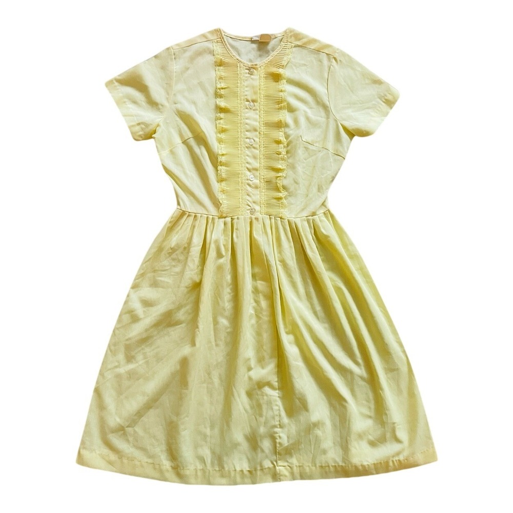 NPC Fashions Vintage Yellow Day Dress Womens 14 Pleated Lace Trim Fit Flare 60s
